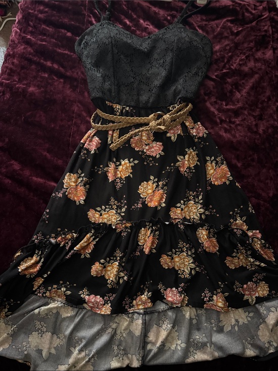 Dresses & Skirts - Black Floral Tiered Sundress with Rope Belt